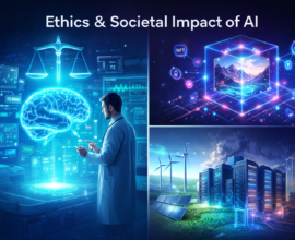 Futuristic illustration showing AI in healthcare ethics, NFT digital ownership, and environmental impact of AI with data centers and renewable energy.
