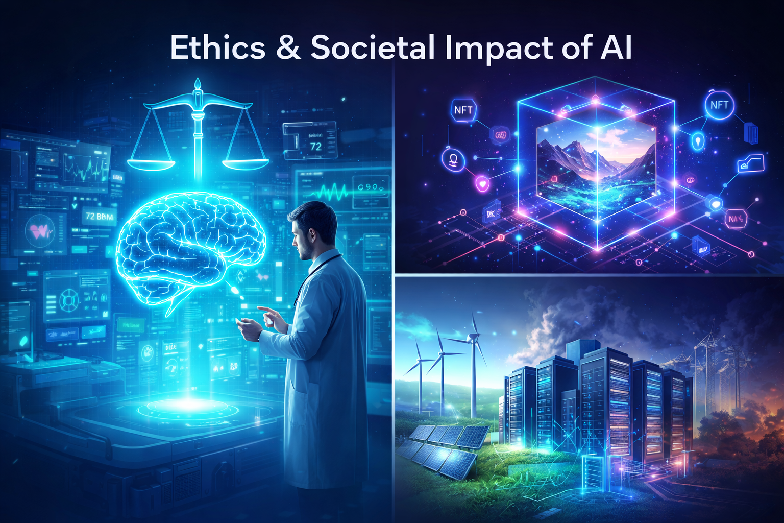 Futuristic illustration showing AI in healthcare ethics, NFT digital ownership, and environmental impact of AI with data centers and renewable energy.