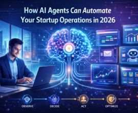 Futuristic illustration showing a startup founder using AI agents to automate business operations with holographic dashboards for sales, marketing, finance, HR, and customer support.