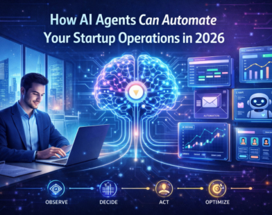 Futuristic illustration showing a startup founder using AI agents to automate business operations with holographic dashboards for sales, marketing, finance, HR, and customer support.