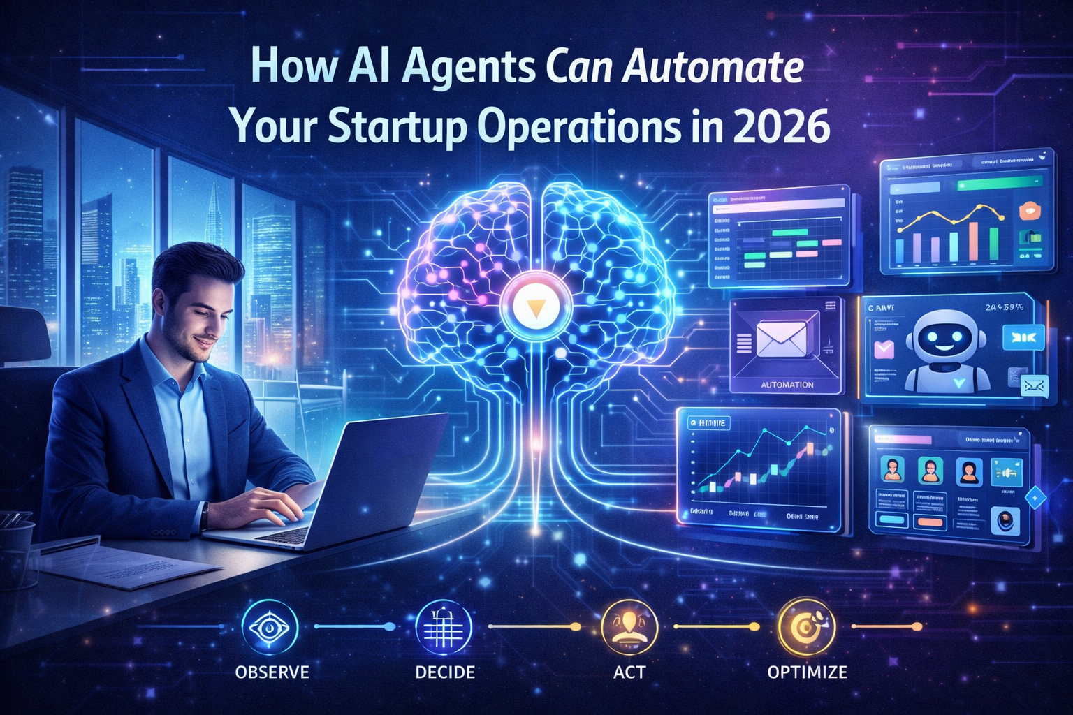 Futuristic illustration showing a startup founder using AI agents to automate business operations with holographic dashboards for sales, marketing, finance, HR, and customer support.