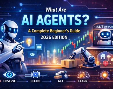 Futuristic digital illustration explaining AI agents in 2026, showing a humanoid robot interacting with holographic screens representing observe, decide, act, and learn functions.