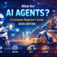 Futuristic digital illustration explaining AI agents in 2026, showing a humanoid robot interacting with holographic screens representing observe, decide, act, and learn functions.