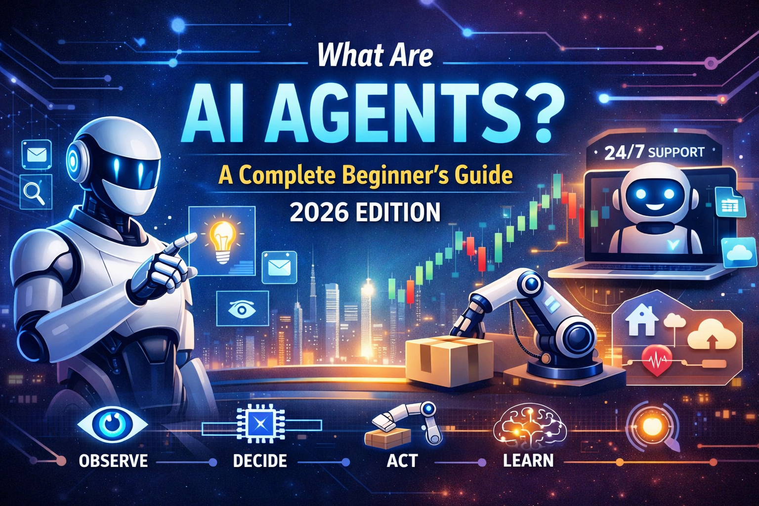 Futuristic digital illustration explaining AI agents in 2026, showing a humanoid robot interacting with holographic screens representing observe, decide, act, and learn functions.