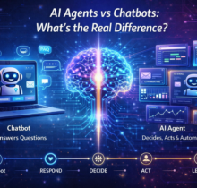 Side-by-side futuristic comparison of AI agents and chatbots showing a chatbot answering questions on a laptop and an AI agent automating business tasks through connected dashboards and a glowing digital brain.