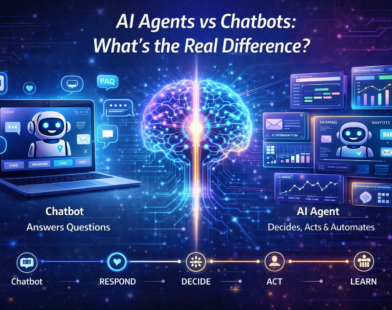 Side-by-side futuristic comparison of AI agents and chatbots showing a chatbot answering questions on a laptop and an AI agent automating business tasks through connected dashboards and a glowing digital brain.