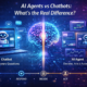 Side-by-side futuristic comparison of AI agents and chatbots showing a chatbot answering questions on a laptop and an AI agent automating business tasks through connected dashboards and a glowing digital brain.