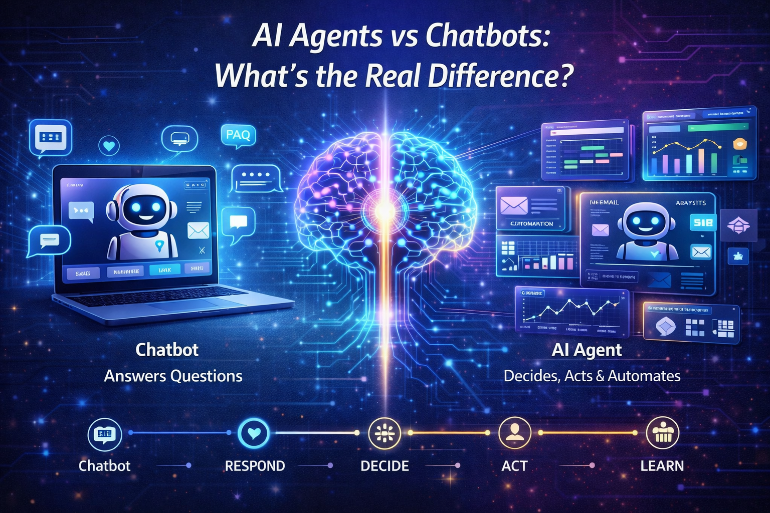 Side-by-side futuristic comparison of AI agents and chatbots showing a chatbot answering questions on a laptop and an AI agent automating business tasks through connected dashboards and a glowing digital brain.