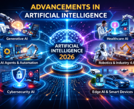 Futuristic infographic showing advancements in artificial intelligence 2026 with central AI brain connected to generative AI, automation, healthcare, robotics, cybersecurity, and smart devices.