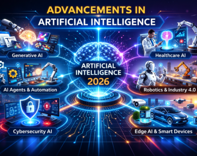 Futuristic infographic showing advancements in artificial intelligence 2026 with central AI brain connected to generative AI, automation, healthcare, robotics, cybersecurity, and smart devices.