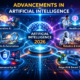 Futuristic infographic showing advancements in artificial intelligence 2026 with central AI brain connected to generative AI, automation, healthcare, robotics, cybersecurity, and smart devices.