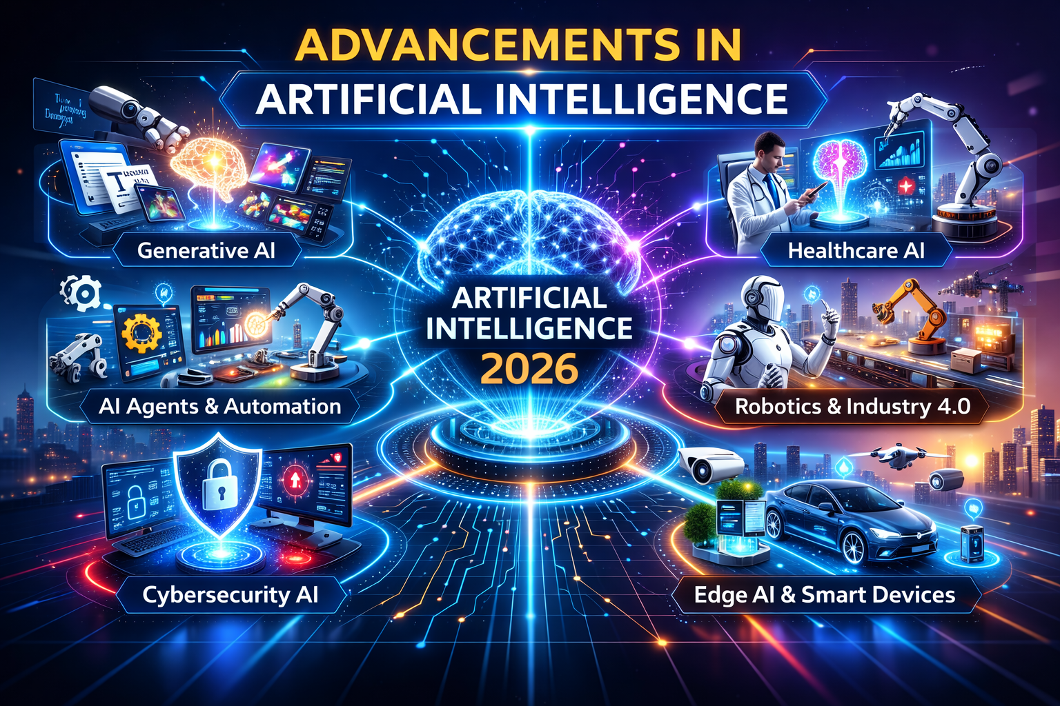 Futuristic infographic showing advancements in artificial intelligence 2026 with central AI brain connected to generative AI, automation, healthcare, robotics, cybersecurity, and smart devices.