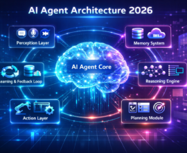 Futuristic AI agent architecture diagram 2026 showing AI Agent Core connected to perception, memory, reasoning, planning, action, and learning modules with neon digital interface.