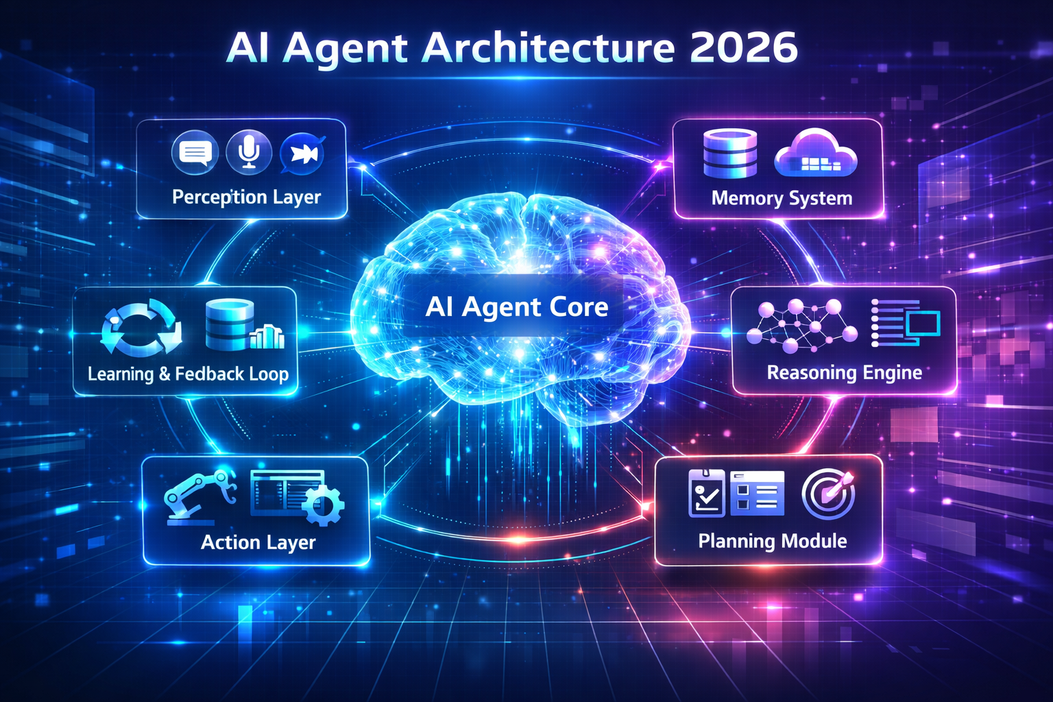 Futuristic AI agent architecture diagram 2026 showing AI Agent Core connected to perception, memory, reasoning, planning, action, and learning modules with neon digital interface.
