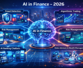 Futuristic AI in finance illustration showing central AI brain connected to fraud detection, algorithmic trading, risk management, banking chatbots, robo-advisors, and cybersecurity systems.
