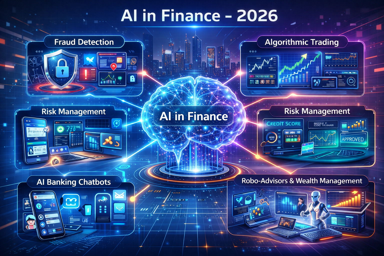 Futuristic AI in finance illustration showing central AI brain connected to fraud detection, algorithmic trading, risk management, banking chatbots, robo-advisors, and cybersecurity systems.