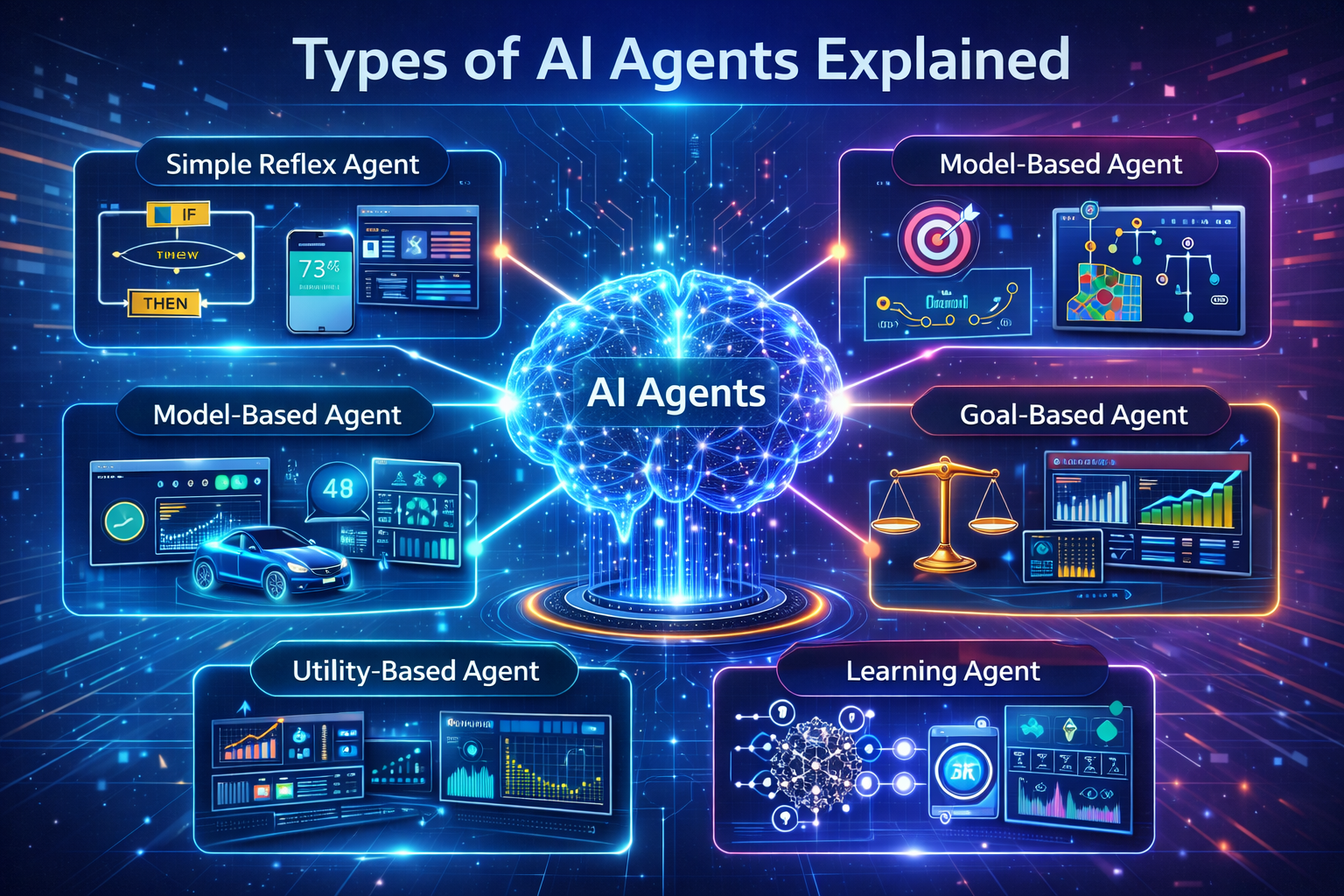 Infographic showing types of AI agents with central AI brain connected to simple reflex, model-based, goal-based, utility-based, and learning agents using futuristic neon interface.