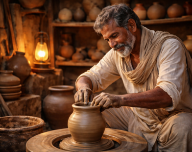 Elderly Indian potter shaping a clay pot on a spinning wheel inside a rustic workshop with warm lamp light and traditional tools.