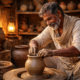 Elderly Indian potter shaping a clay pot on a spinning wheel inside a rustic workshop with warm lamp light and traditional tools.