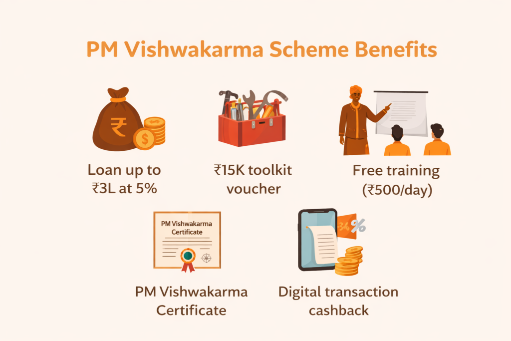 Infographic showing PM Vishwakarma Scheme benefits including ₹3 lakh loan at 5%, ₹15K toolkit voucher, free training ₹500 per day, certificate, and digital cashback.