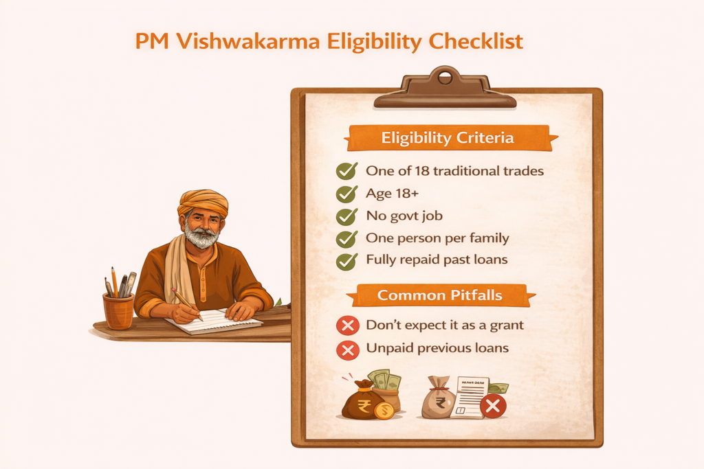 Checklist infographic showing PM Vishwakarma eligibility criteria including 18 trades, age 18+, no government job, one per family, fully repaid loans, and common pitfalls.
