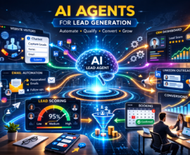 Futuristic AI lead generation system with central AI brain connected to chatbot, CRM dashboard, email automation, LinkedIn outreach, analytics, and appointment booking tools in a digital marketing office.