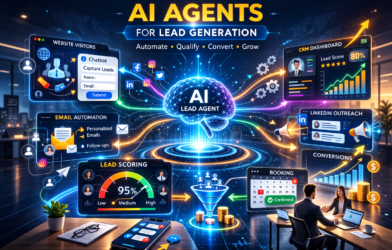 Futuristic AI lead generation system with central AI brain connected to chatbot, CRM dashboard, email automation, LinkedIn outreach, analytics, and appointment booking tools in a digital marketing office.