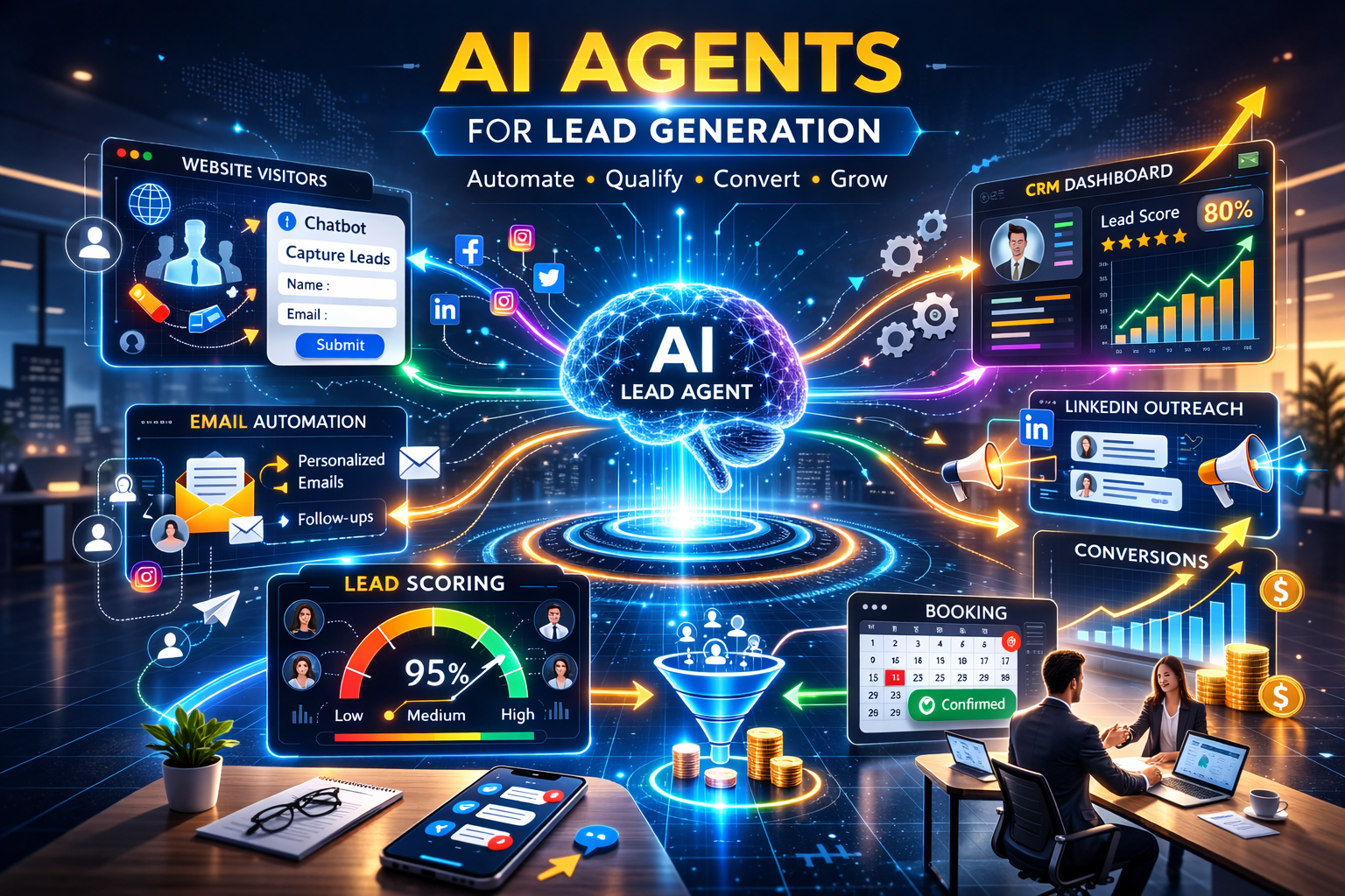 Futuristic AI lead generation system with central AI brain connected to chatbot, CRM dashboard, email automation, LinkedIn outreach, analytics, and appointment booking tools in a digital marketing office.