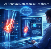 AI fracture detection system analyzing a knee X-ray with highlighted bone crack and probability score on a medical imaging dashboard in a futuristic hospital setting.