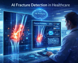 AI fracture detection system analyzing a knee X-ray with highlighted bone crack and probability score on a medical imaging dashboard in a futuristic hospital setting.