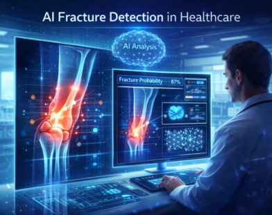 AI fracture detection system analyzing a knee X-ray with highlighted bone crack and probability score on a medical imaging dashboard in a futuristic hospital setting.