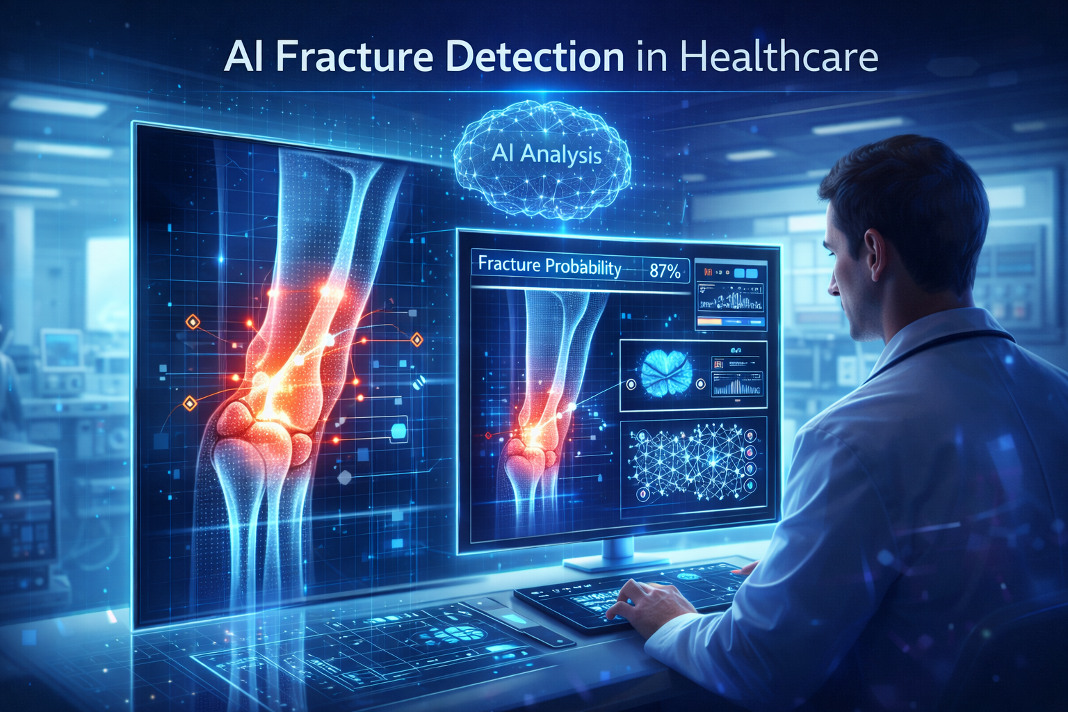 AI fracture detection system analyzing a knee X-ray with highlighted bone crack and probability score on a medical imaging dashboard in a futuristic hospital setting.