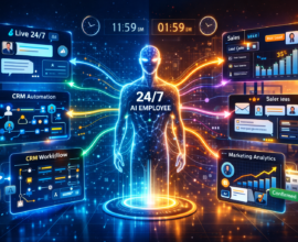 Futuristic 24/7 AI employee hologram connected to customer support, CRM automation, sales dashboard, marketing analytics, and calendar booking systems in a high-tech office.