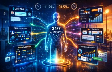 Futuristic 24/7 AI employee hologram connected to customer support, CRM automation, sales dashboard, marketing analytics, and calendar booking systems in a high-tech office.