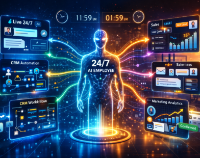 Futuristic 24/7 AI employee hologram connected to customer support, CRM automation, sales dashboard, marketing analytics, and calendar booking systems in a high-tech office.