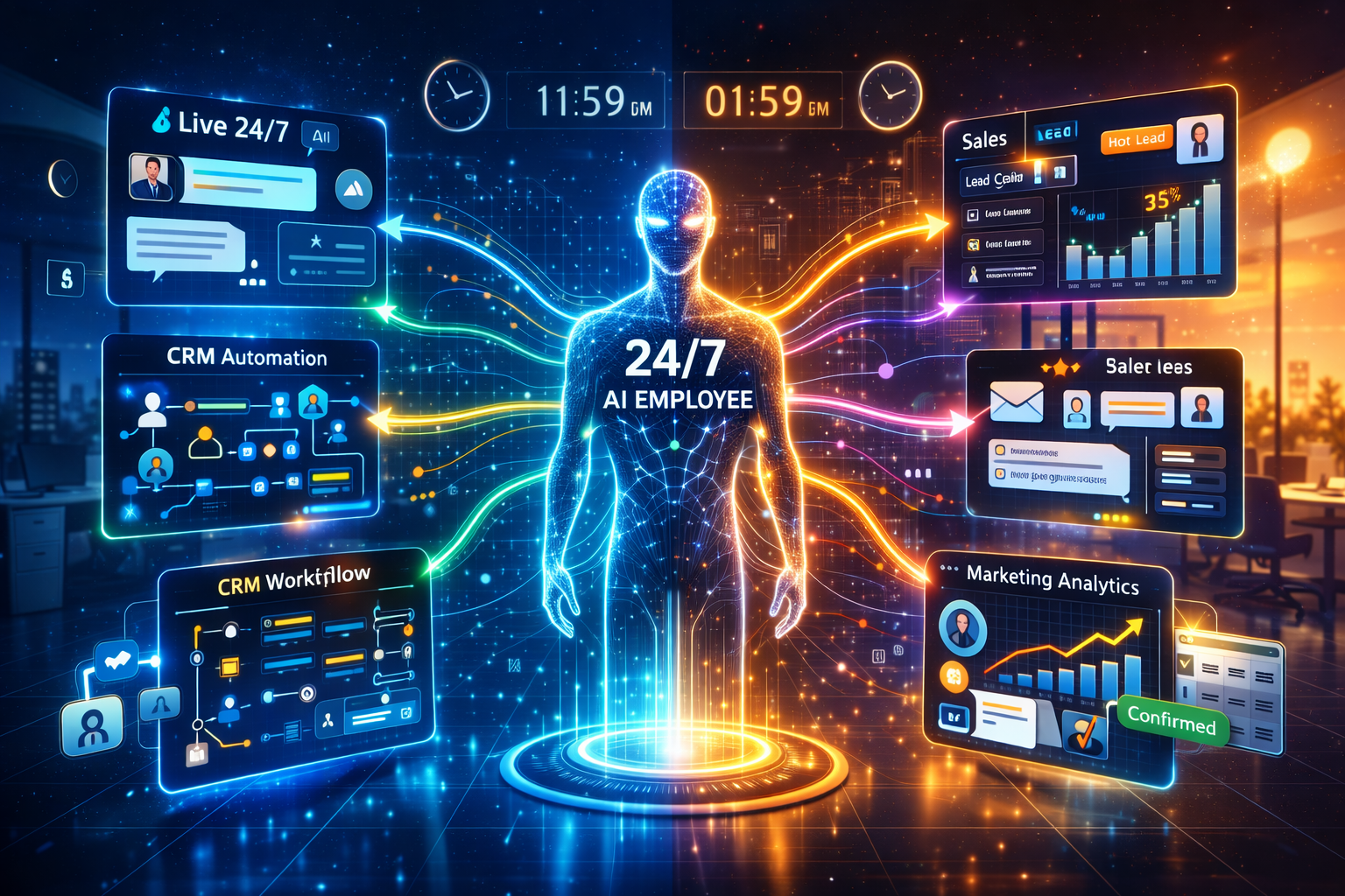 Futuristic 24/7 AI employee hologram connected to customer support, CRM automation, sales dashboard, marketing analytics, and calendar booking systems in a high-tech office.