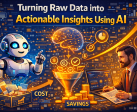 Guide-style infographic showing how AI turns raw business data into actionable insights by analysing patterns, trends, and performance metrics to support smarter decision-making.
