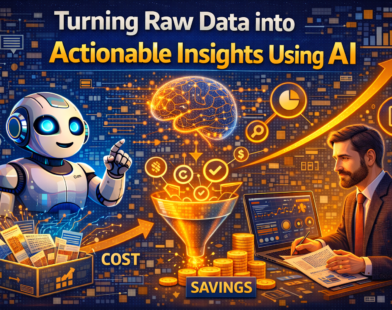 Guide-style infographic showing how AI turns raw business data into actionable insights by analysing patterns, trends, and performance metrics to support smarter decision-making.