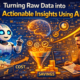 Guide-style infographic showing how AI turns raw business data into actionable insights by analysing patterns, trends, and performance metrics to support smarter decision-making.