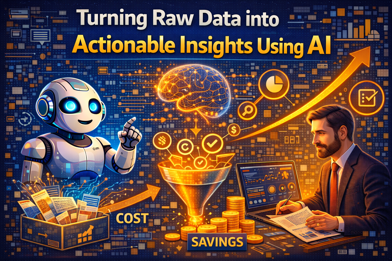 Guide-style infographic showing how AI turns raw business data into actionable insights by analysing patterns, trends, and performance metrics to support smarter decision-making.