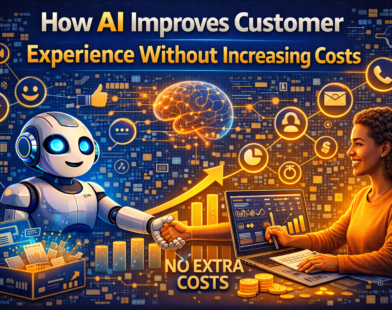 Guide-style infographic showing how AI improves customer experience without increasing costs by automating support, personalising communication, reducing response time, and improving customer satisfaction.