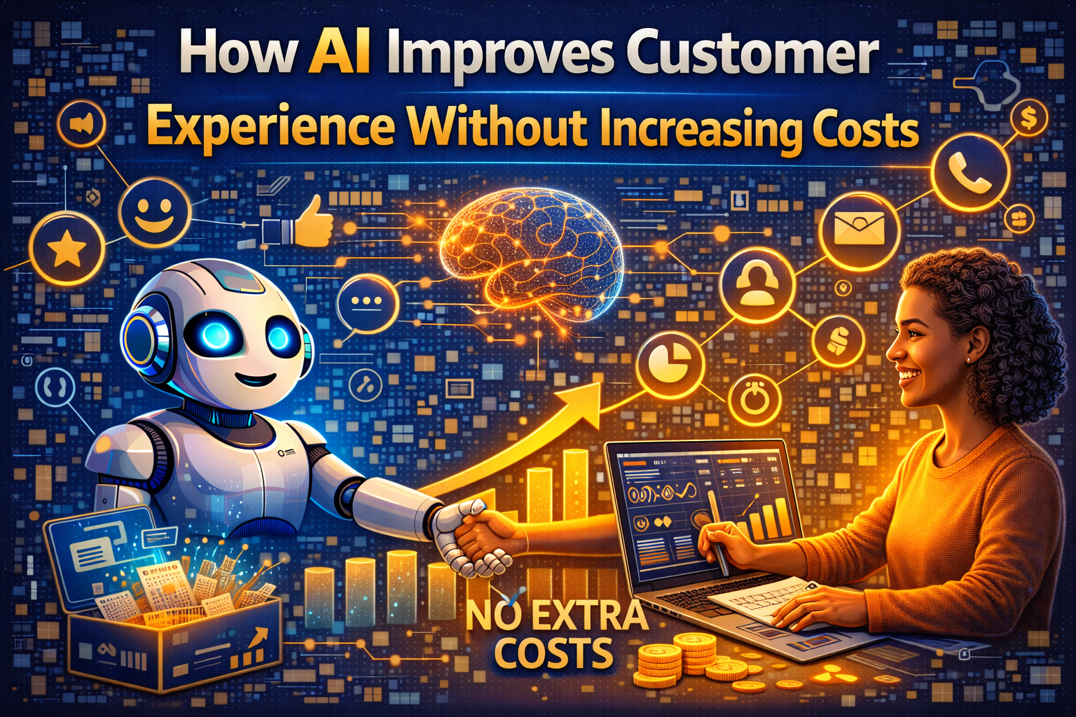 Guide-style infographic showing how AI improves customer experience without increasing costs by automating support, personalising communication, reducing response time, and improving customer satisfaction.