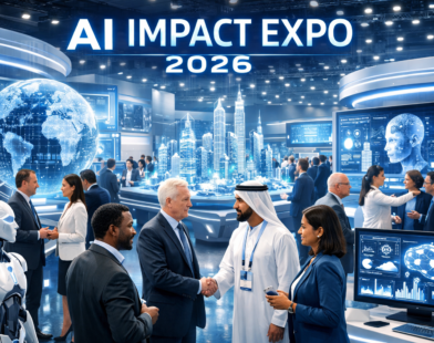 AI Impact Expo 2026 exhibition hall with futuristic AI displays, holographic screens, global leaders, and robotics showcasing responsible AI technology.