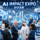AI Impact Expo 2026 exhibition hall with futuristic AI displays, holographic screens, global leaders, and robotics showcasing responsible AI technology.