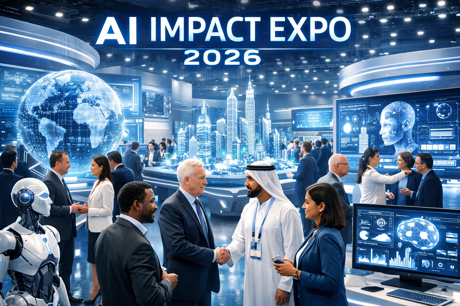 AI Impact Expo 2026 exhibition hall with futuristic AI displays, holographic screens, global leaders, and robotics showcasing responsible AI technology.