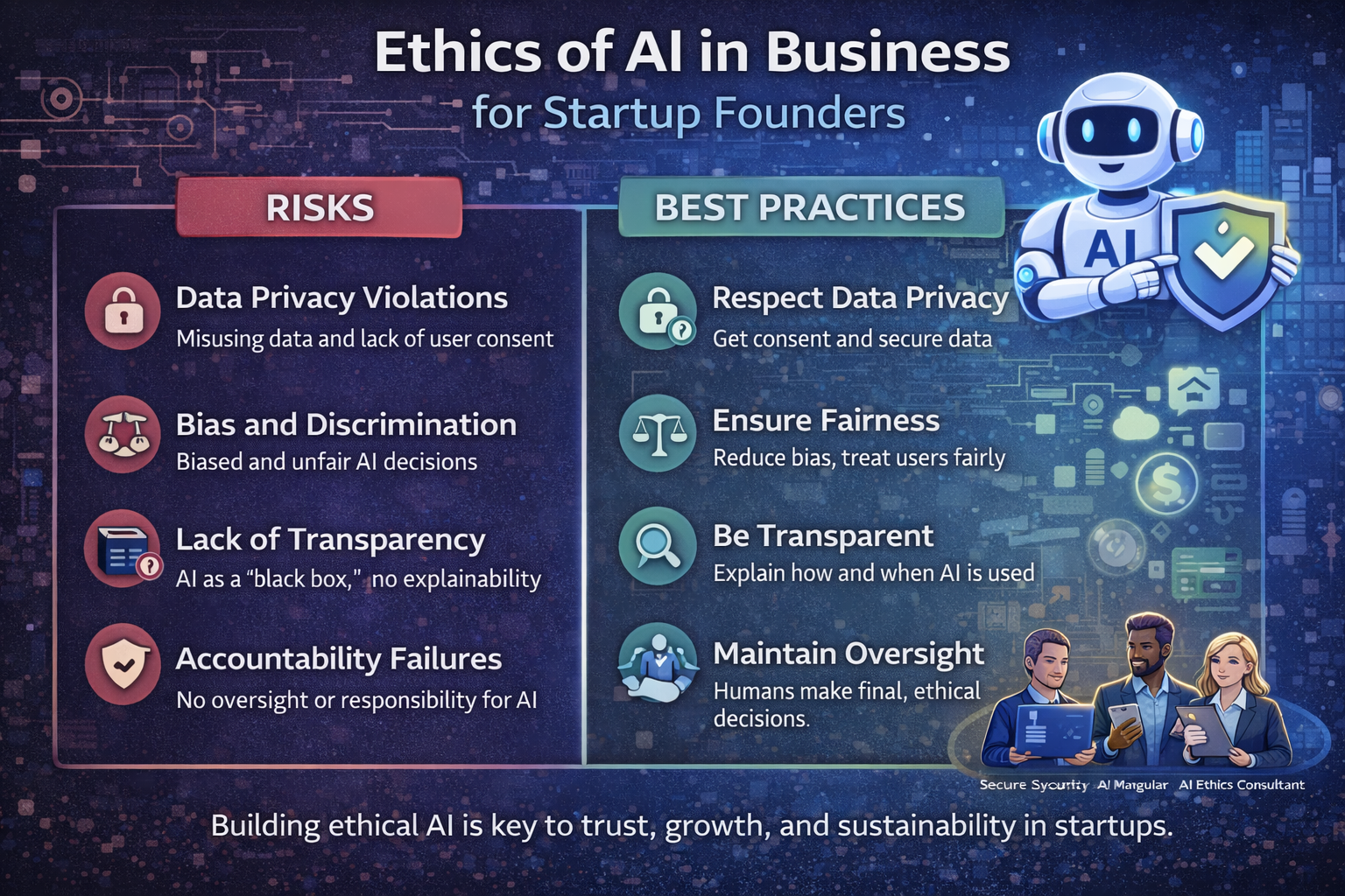 Guide-style infographic explaining the ethics of AI in business for startup founders, showing AI risks such as data privacy, bias, transparency issues, and best practices like fairness, security, and human oversight.