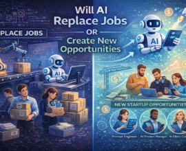 Guide-style infographic showing whether AI will replace jobs or create new opportunities, highlighting tasks automated by AI and new startup roles created through artificial intelligence.