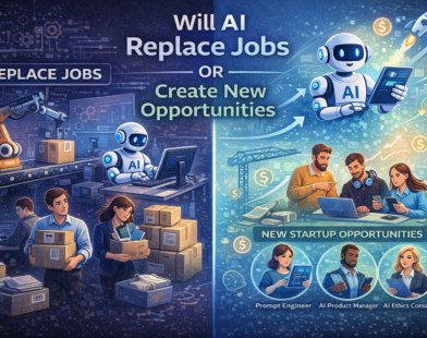 Guide-style infographic showing whether AI will replace jobs or create new opportunities, highlighting tasks automated by AI and new startup roles created through artificial intelligence.