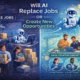 Guide-style infographic showing whether AI will replace jobs or create new opportunities, highlighting tasks automated by AI and new startup roles created through artificial intelligence.