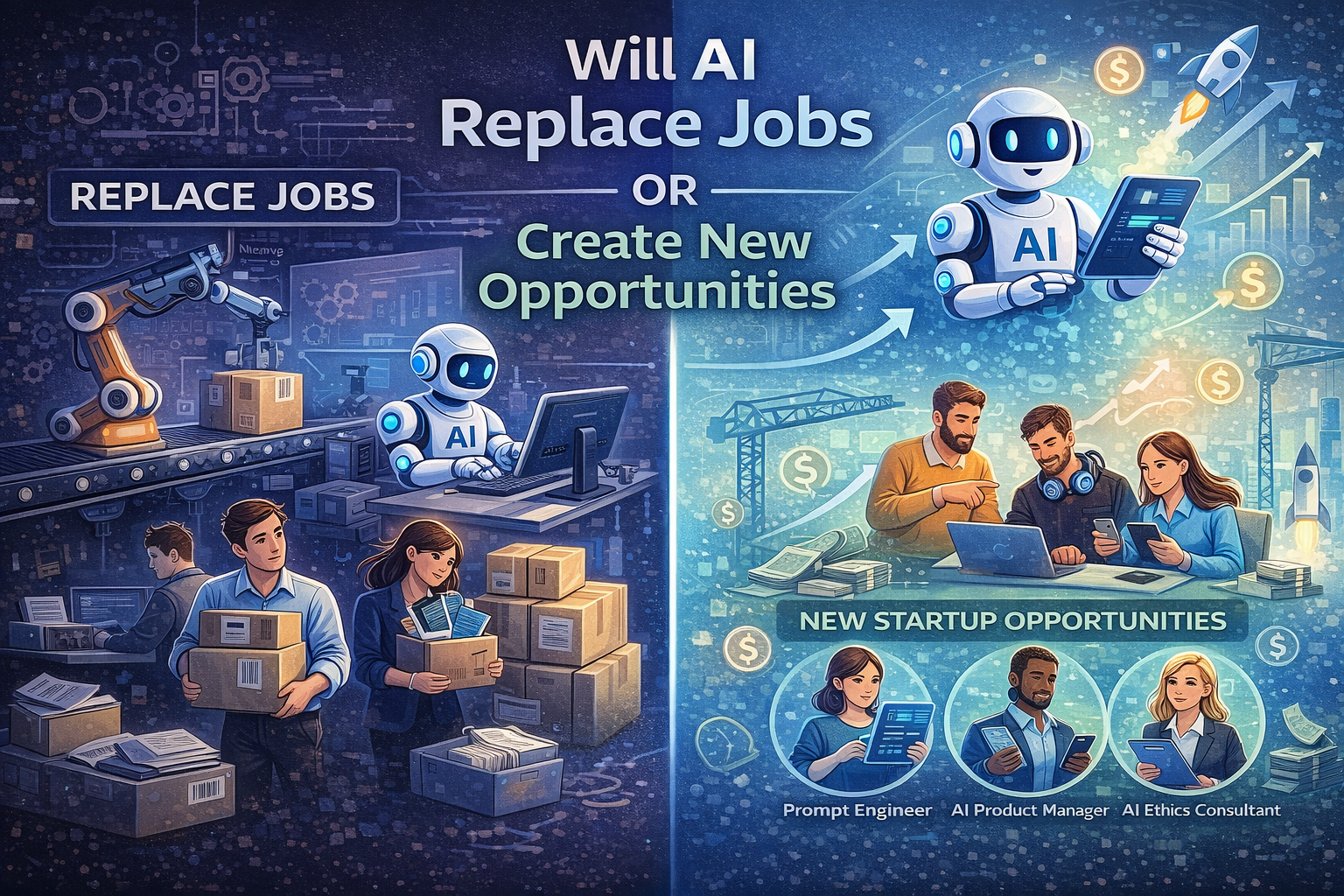 Guide-style infographic showing whether AI will replace jobs or create new opportunities, highlighting tasks automated by AI and new startup roles created through artificial intelligence.